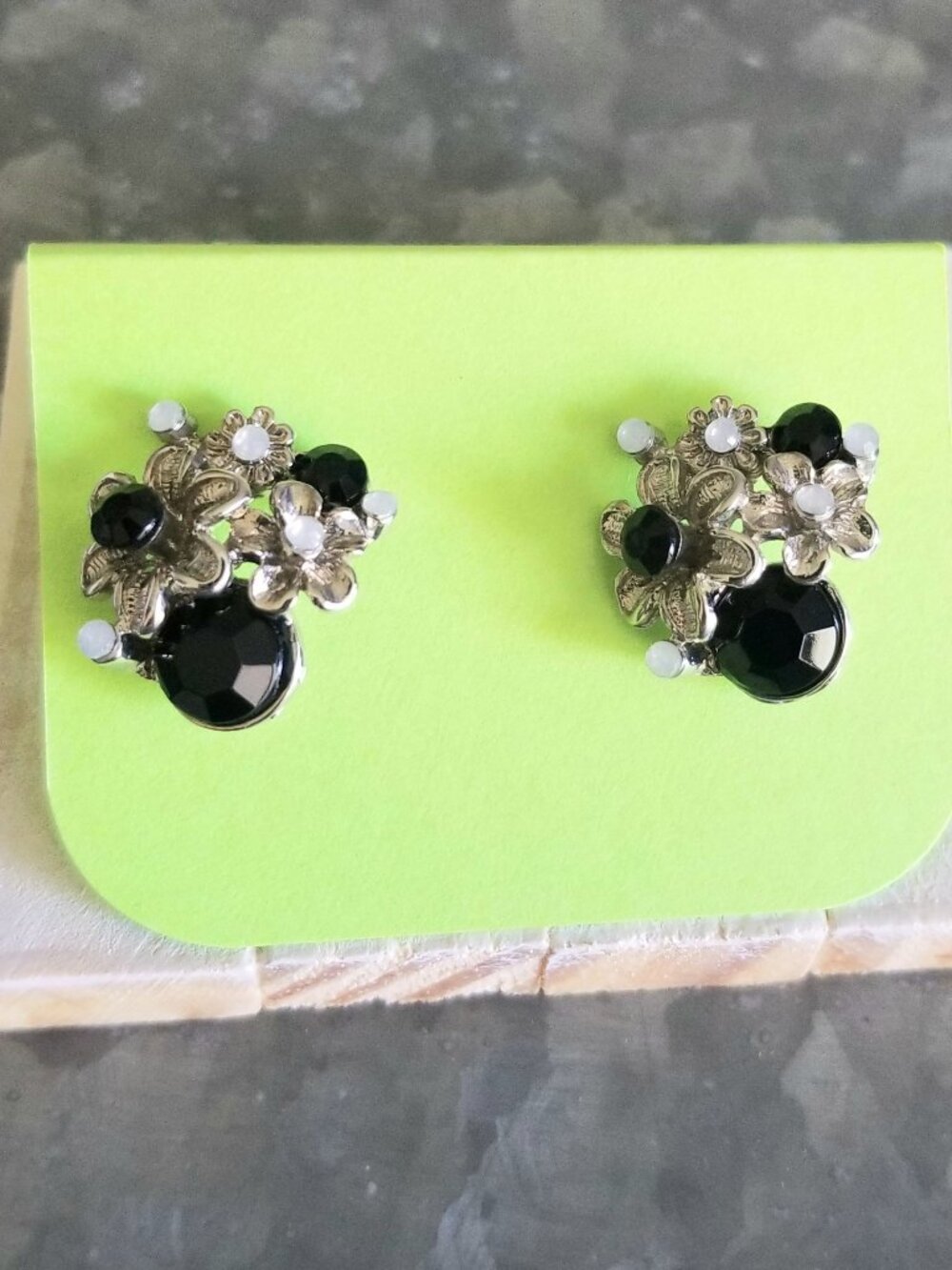 Black and Silver Floral Cluster Earrings Post Silver Plated